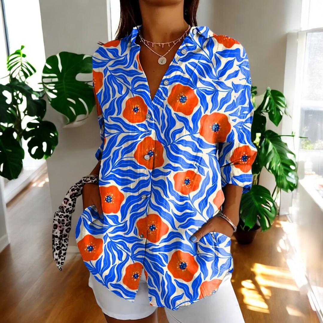 Damen Geblümte Bluse Mit Knopfleiste