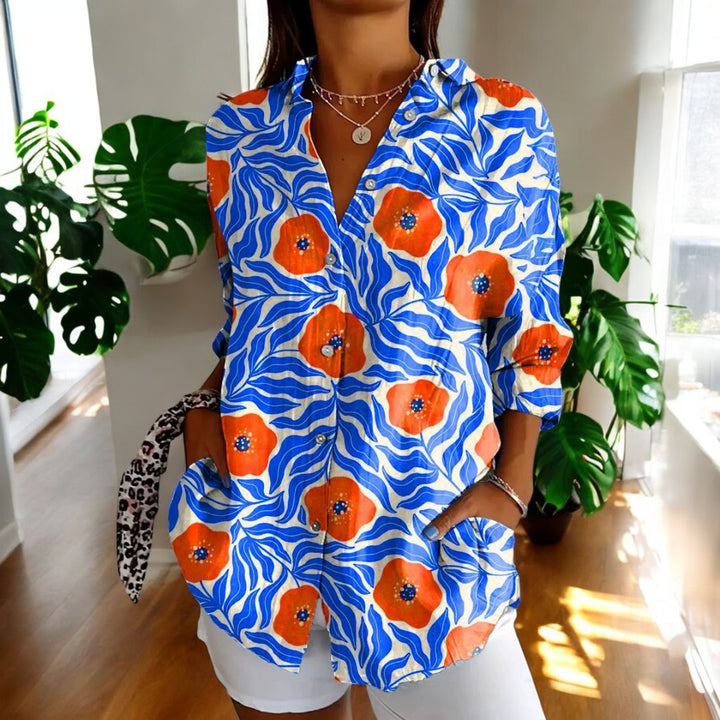 Damen Geblümte Bluse Mit Knopfleiste