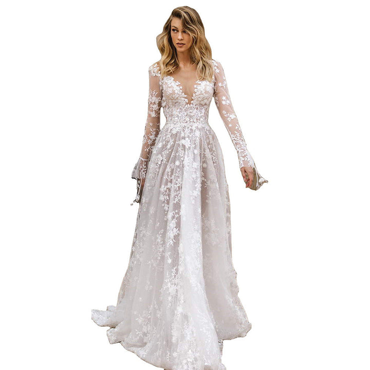 Damen Elegantes Tiefes V-Ausschnitt Hochzeitskleid Mit Floralen Spitzenapplikationen – Romantisches Brautkleid