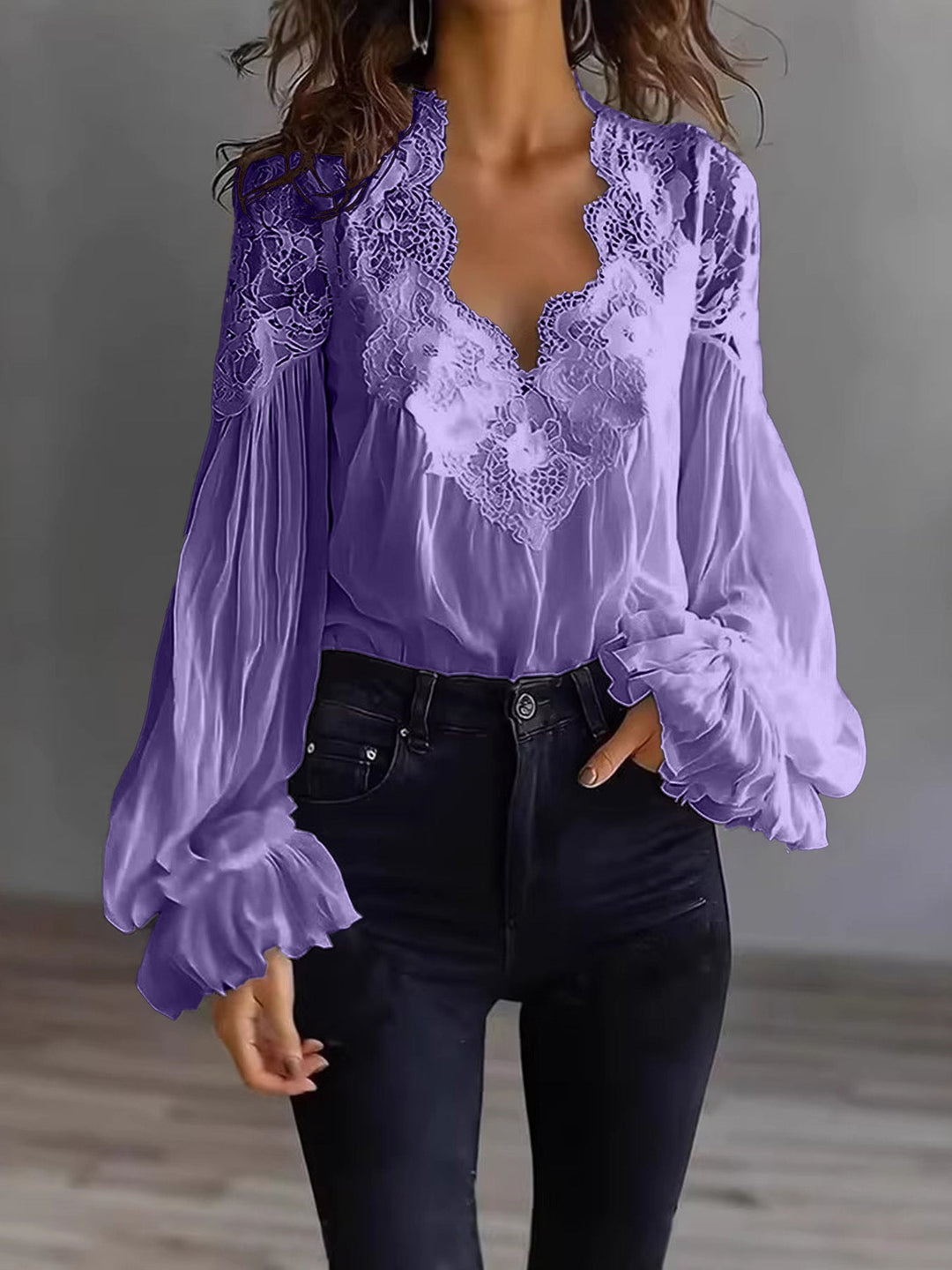 Damen Bluse Mit Langen Puffärmeln Und Spitze – Elegantes Vintage Oberteil