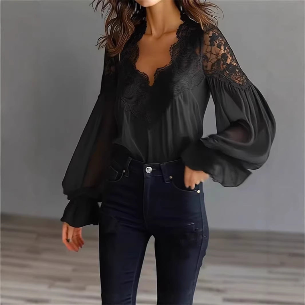 Damen Bluse Mit Langen Puffärmeln Und Spitze – Elegantes Vintage Oberteil