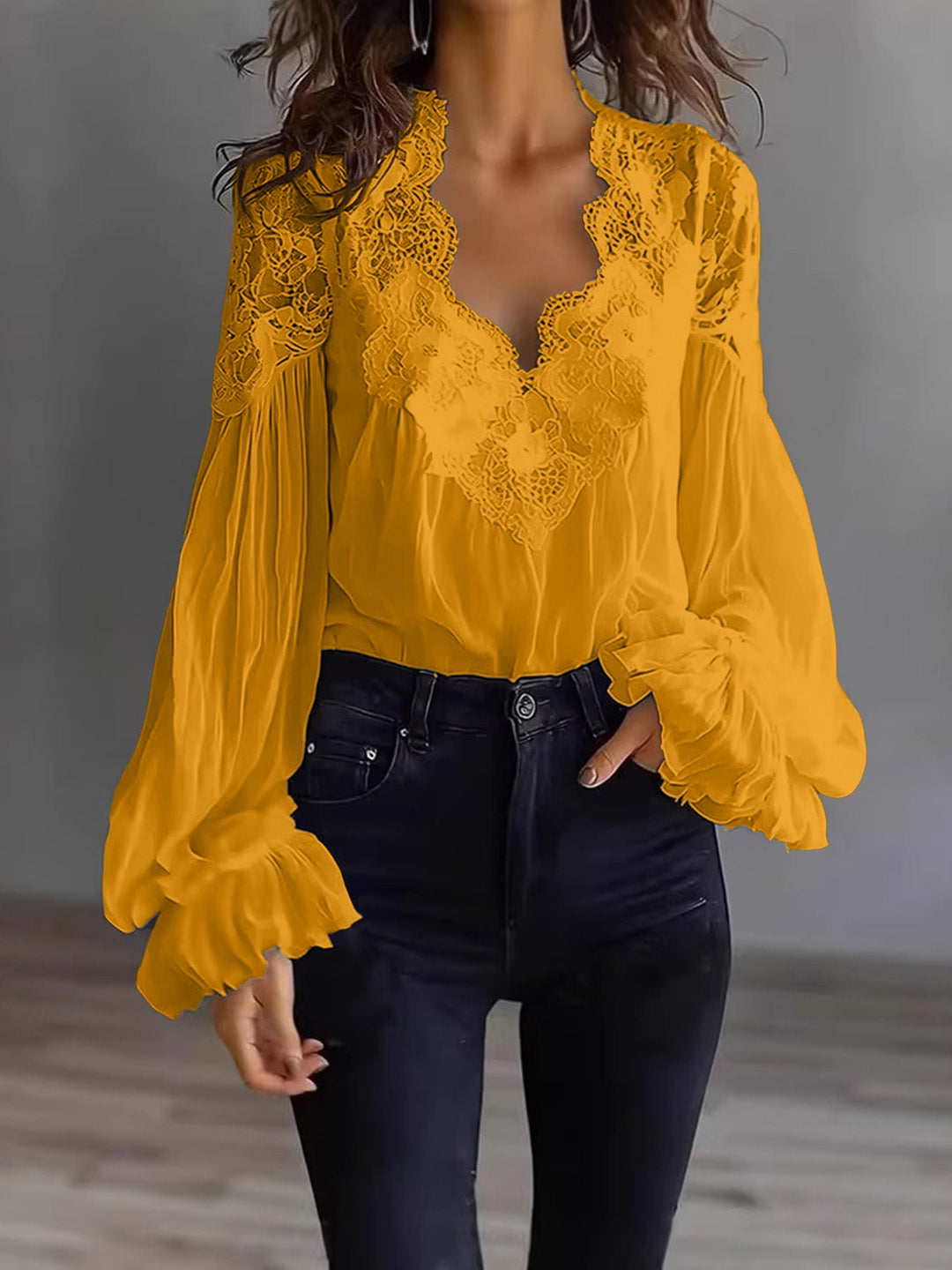Damen Bluse Mit Langen Puffärmeln Und Spitze – Elegantes Vintage Oberteil
