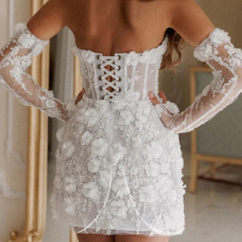 Boho-Hochzeitskleid mit Blumenmuster für Damen – Elegantes, romantisches Brautkleid mit langen Ärmeln
