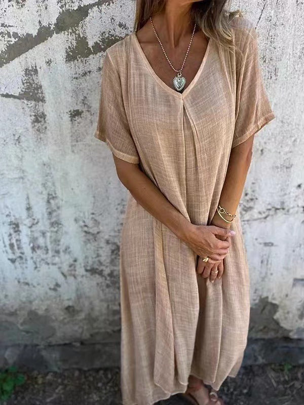 Damen Leinen Maxikleid Mit V-Ausschnitt