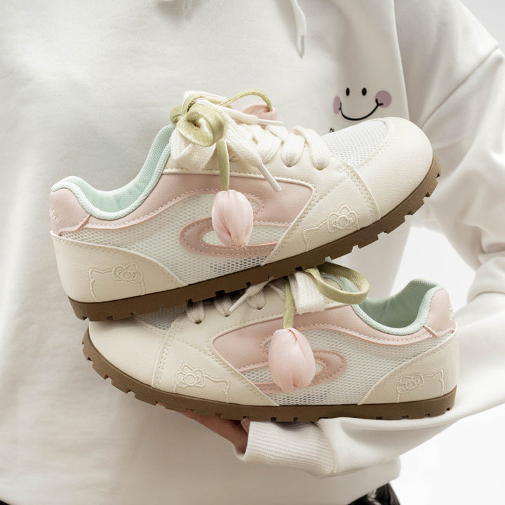 Damen Trendige Hello Kitty Rutschfeste Sneaker Mit Einzigartiger Blüten Schnürung