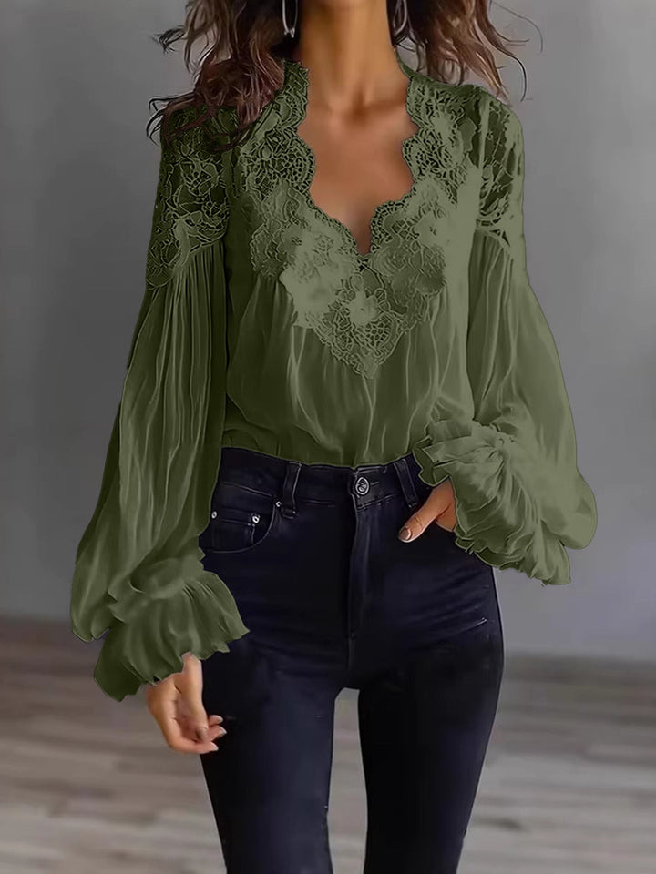 Damen Bluse Mit Langen Puffärmeln Und Spitze – Elegantes Vintage Oberteil