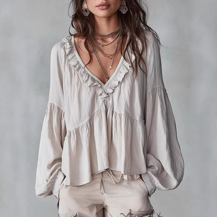 Damen Fließendes Oberteil Mit Raffungen Und V-Ausschnitt – Locker Elegante Bluse