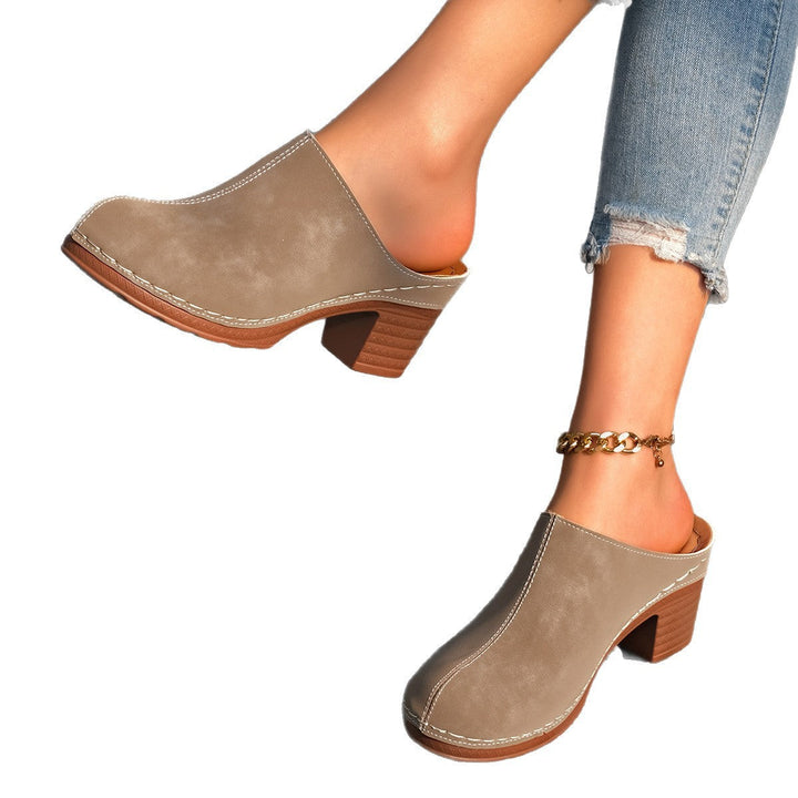 Damen Schwarze Wildleder-Optik Blockabsatz Mules Mit Weißer Naht