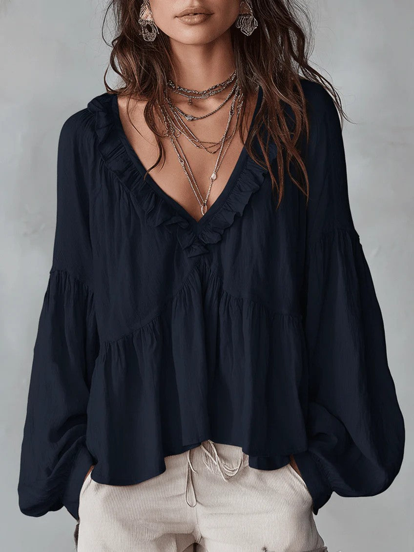 Damen Fließendes Oberteil Mit Raffungen Und V-Ausschnitt – Locker Elegante Bluse