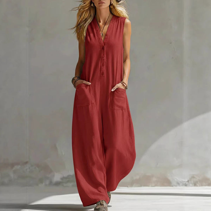 Damen Ärmelloser V-Ausschnitt Jumpsuit – Weites Bein Mit Taschen