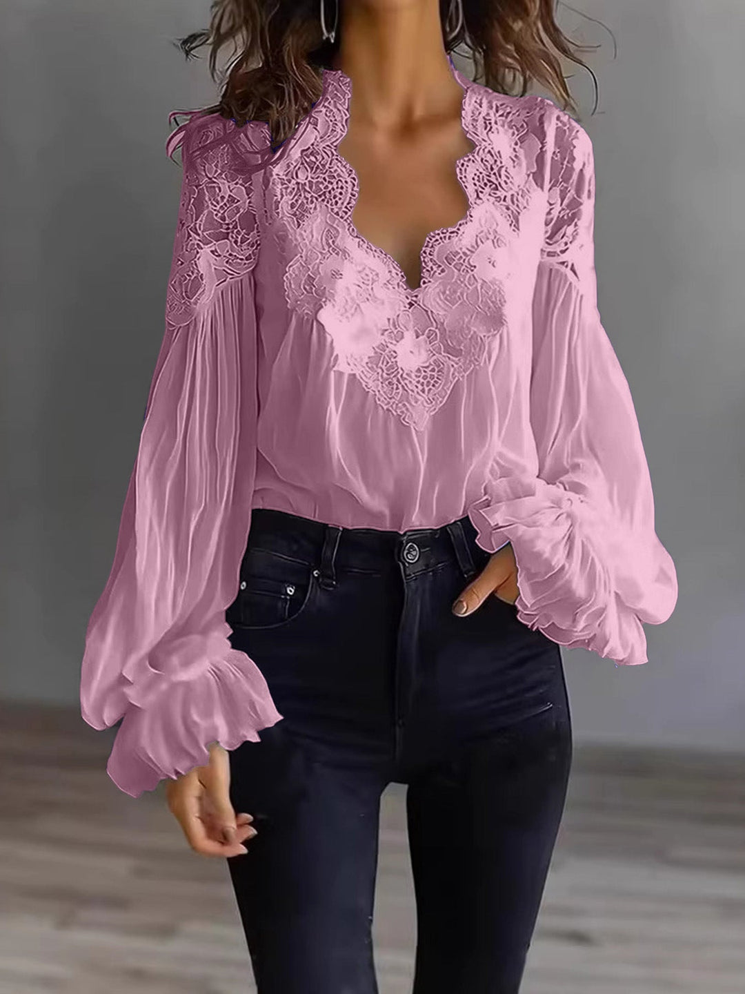Damen Bluse Mit Langen Puffärmeln Und Spitze – Elegantes Vintage Oberteil