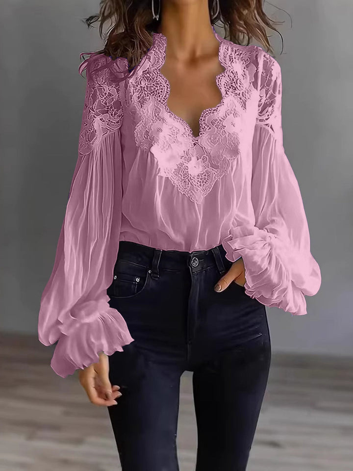 Damen Bluse Mit Langen Puffärmeln Und Spitze – Elegantes Vintage Oberteil