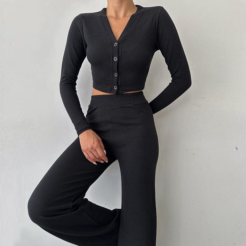 Damen Enganliegendes Crop Top Und High Waist Hosen Set – Zweiteiler Mit Knöpfen