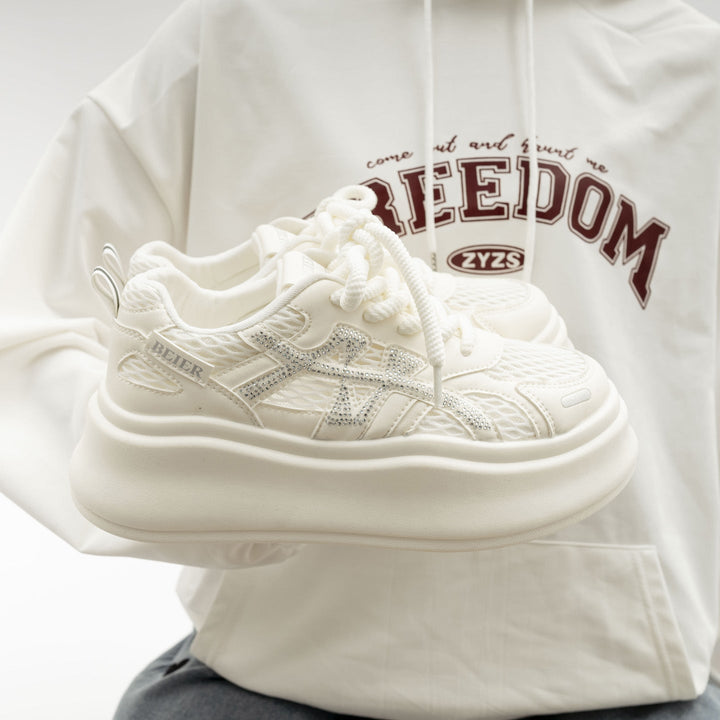Damen Weiße Mesh Plattform Sneaker Mit Schnürung
