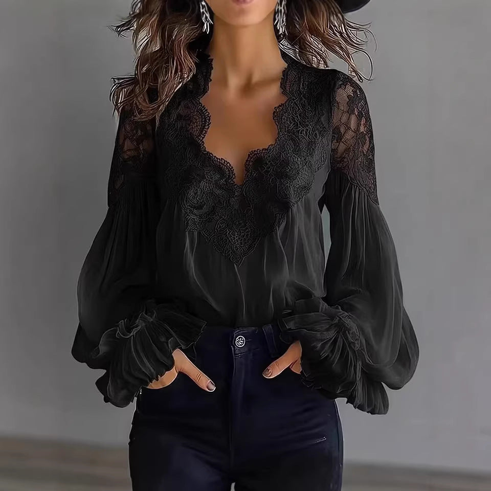 Damen Bluse Mit Langen Puffärmeln Und Spitze – Elegantes Vintage Oberteil