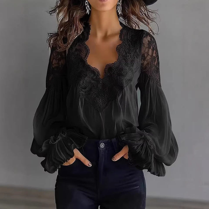 Damen Bluse Mit Langen Puffärmeln Und Spitze – Elegantes Vintage Oberteil