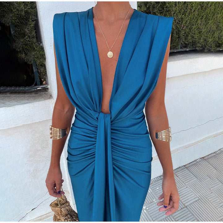 Damen Satin V Ausschnitt Ärmelloses Wickelkleid