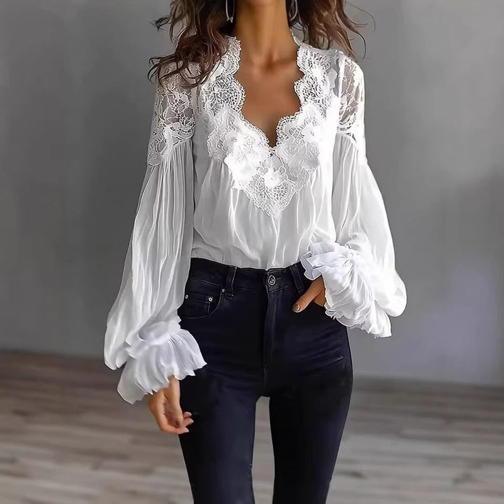 Damen Bluse Mit Langen Puffärmeln Und Spitze – Elegantes Vintage Oberteil