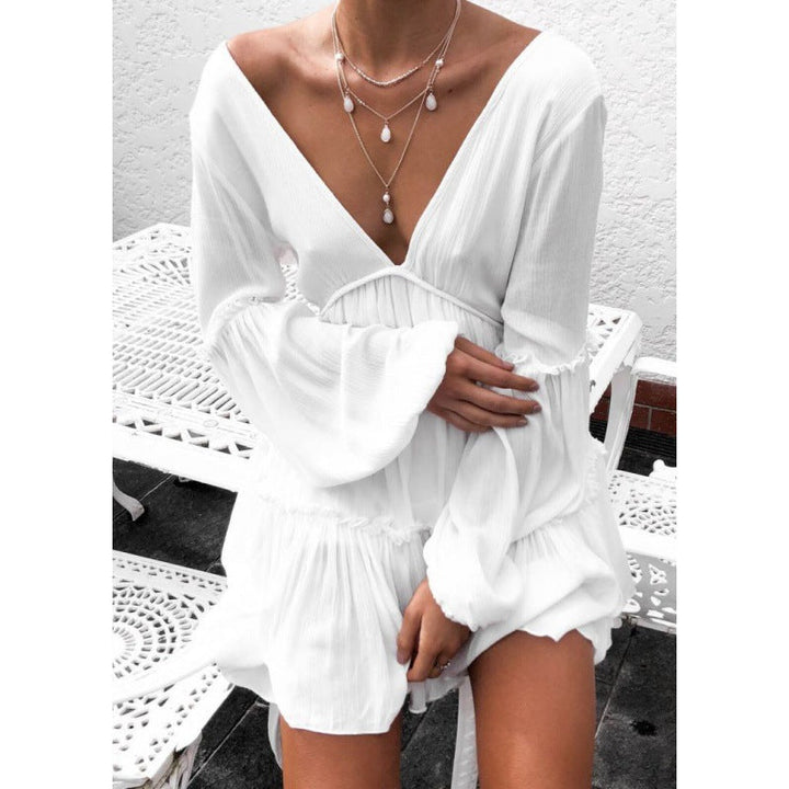 Damen Weiß Boho Strand Mini Kleid – Lockerer Ärmel Sommer Lässiges Kleid