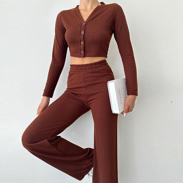 Damen Enganliegendes Crop Top Und High Waist Hosen Set – Zweiteiler Mit Knöpfen