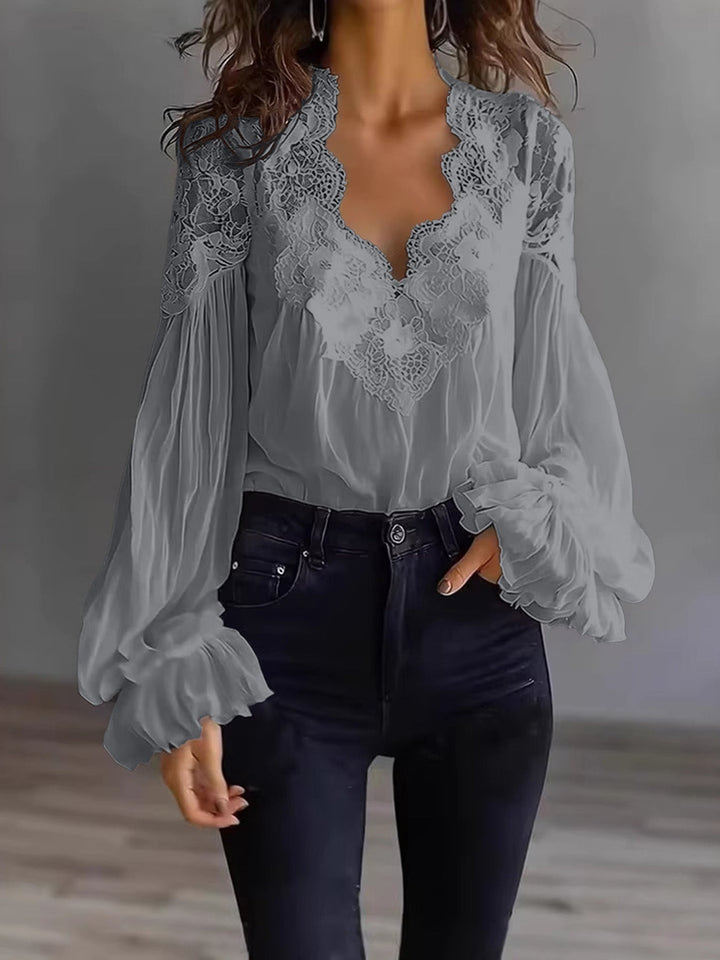 Damen Bluse Mit Langen Puffärmeln Und Spitze – Elegantes Vintage Oberteil