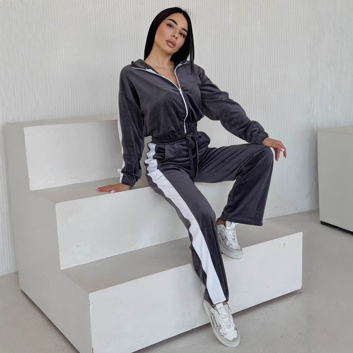 Damen Samt Trainingsanzug Mit Reißverschluss Und Seitenstreifen – Luxus Lounge Set