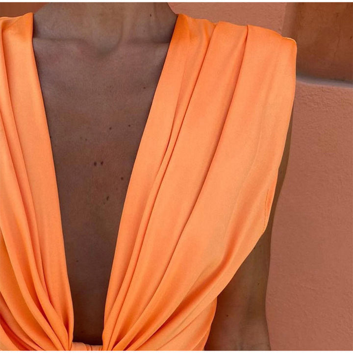 Damen Satin V Ausschnitt Ärmelloses Wickelkleid