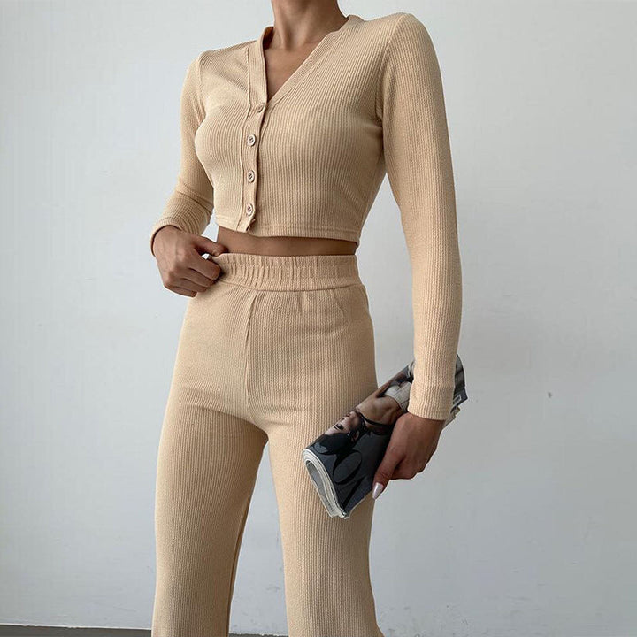 Damen Enganliegendes Crop Top Und High Waist Hosen Set – Zweiteiler Mit Knöpfen