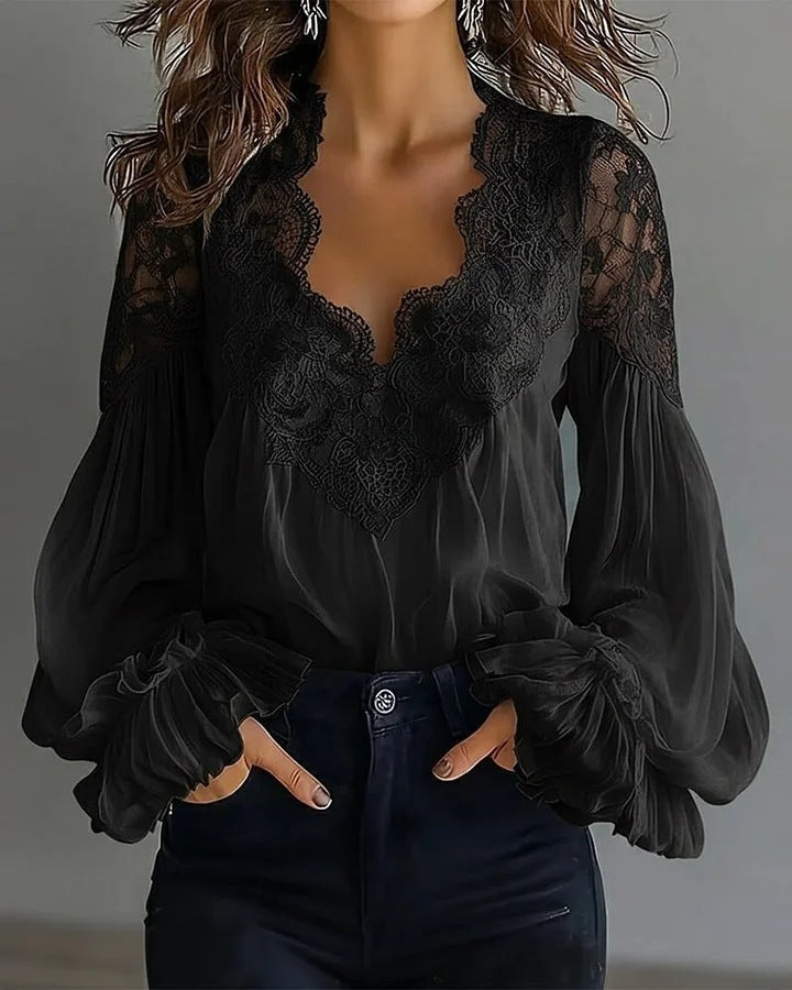 Damen Bluse Mit Langen Puffärmeln Und Spitze – Elegantes Vintage Oberteil