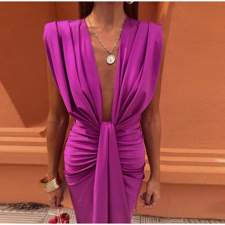 Damen Satin V Ausschnitt Ärmelloses Wickelkleid
