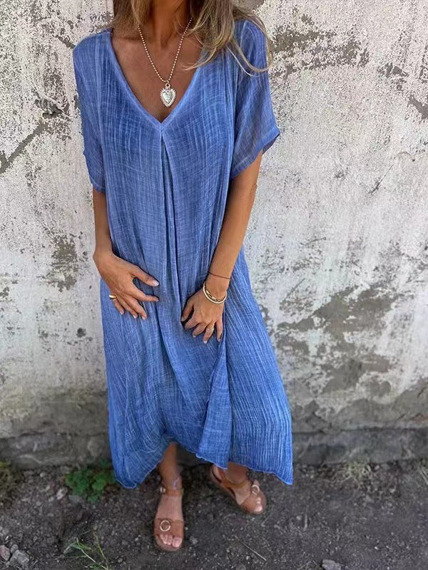 Damen Leinen Maxikleid Mit V-Ausschnitt