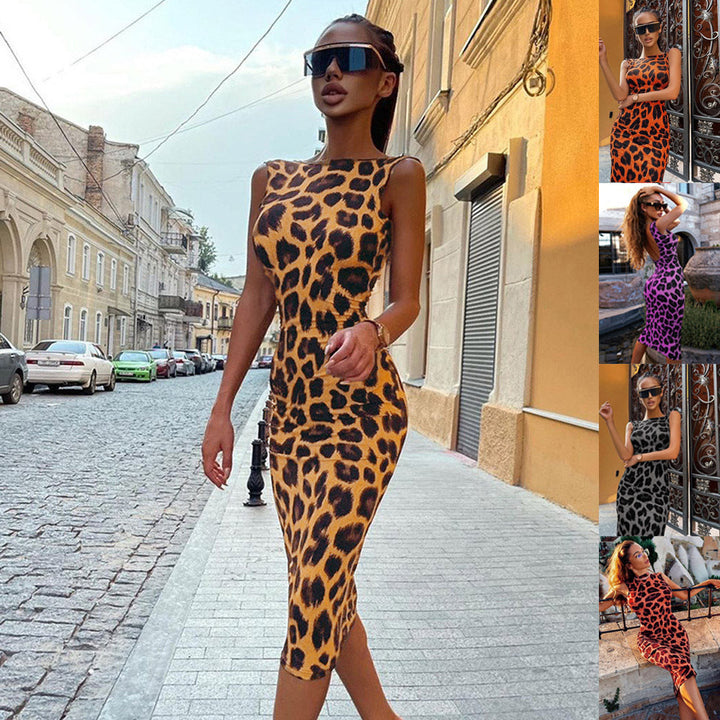 Damen Figurbetontes Leopardenmuster Kleid – Ärmelloses Trendiges Partykleid