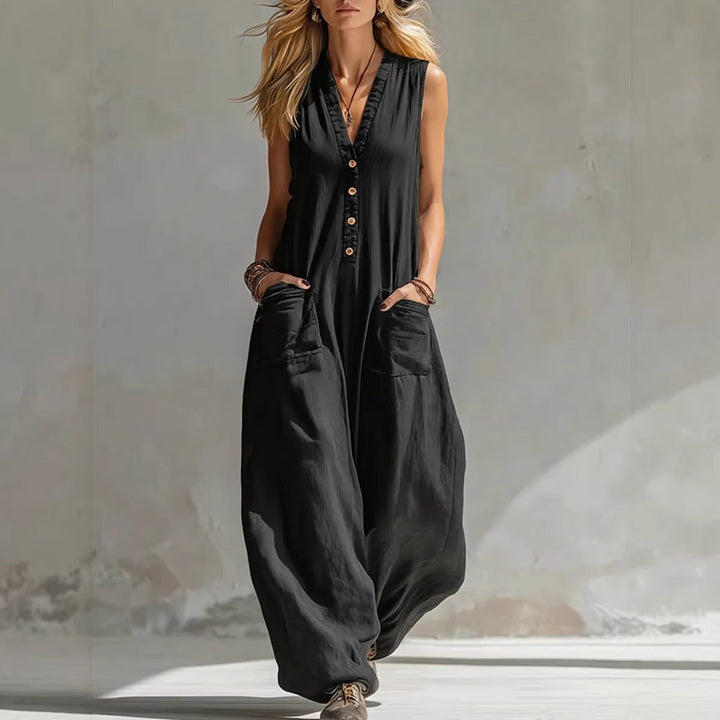 Damen Ärmelloser V-Ausschnitt Jumpsuit – Weites Bein Mit Taschen