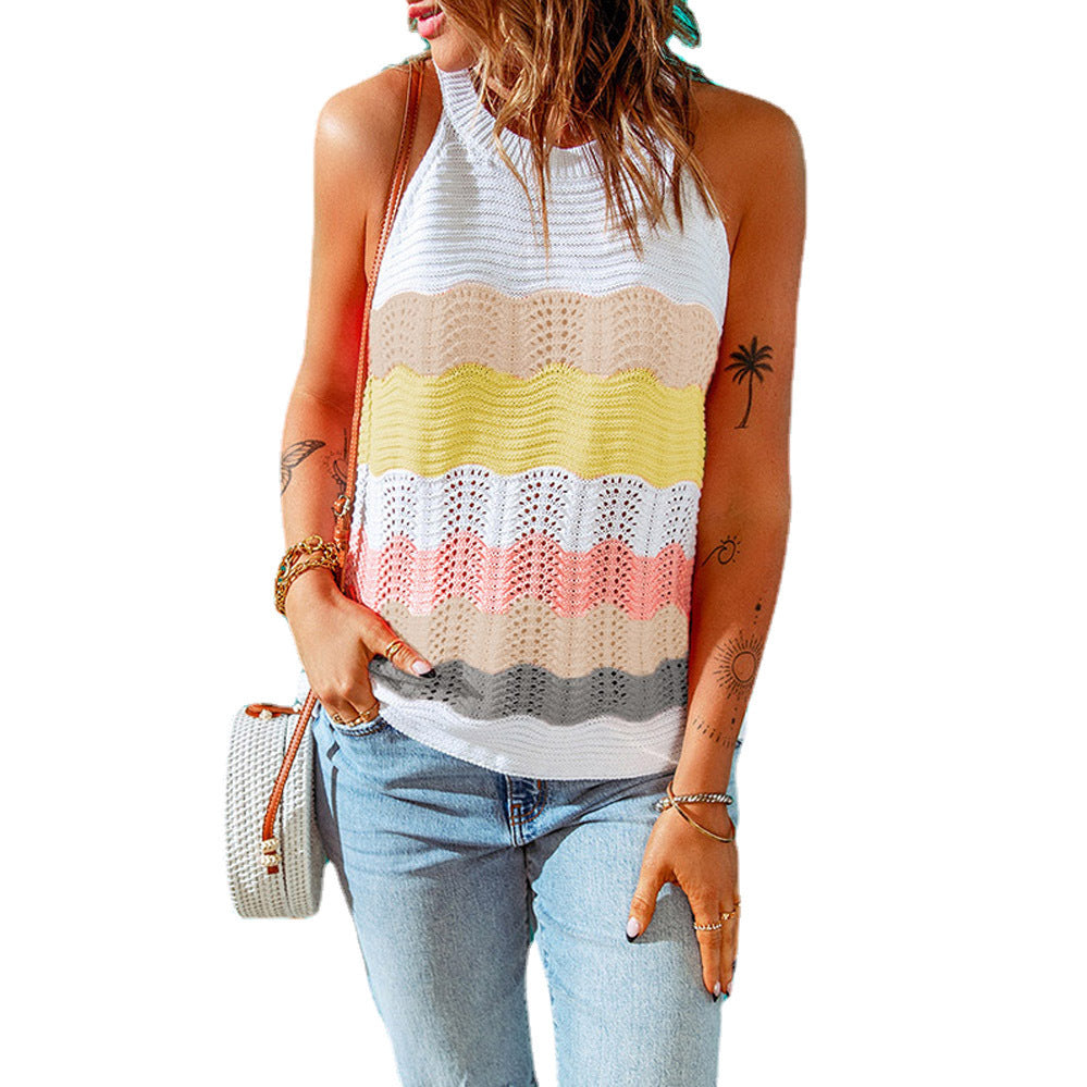 Damen Ärmelloses Stricktop – Buntes Wellenmuster Sommer Tanktop