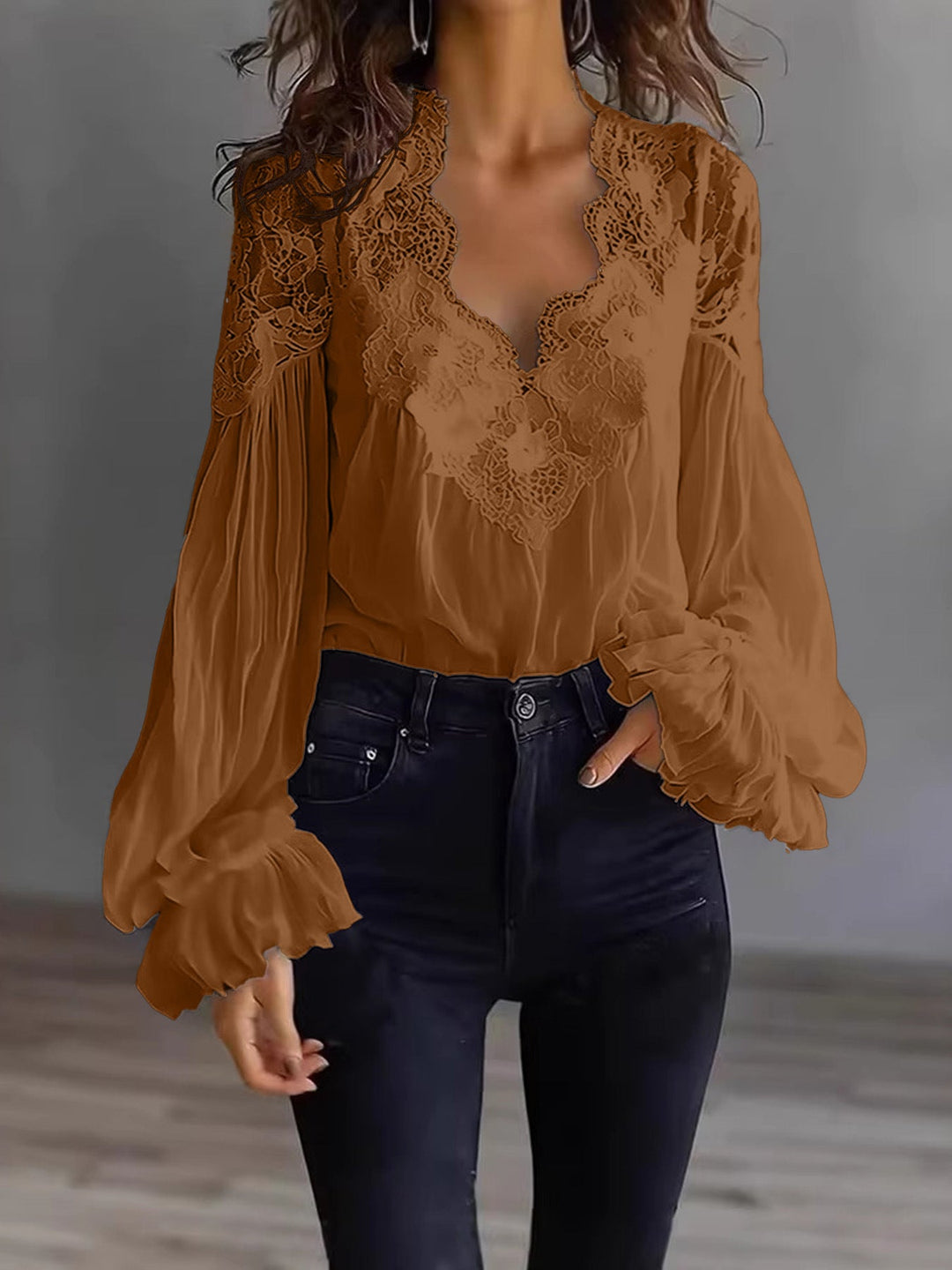 Damen Bluse Mit Langen Puffärmeln Und Spitze – Elegantes Vintage Oberteil