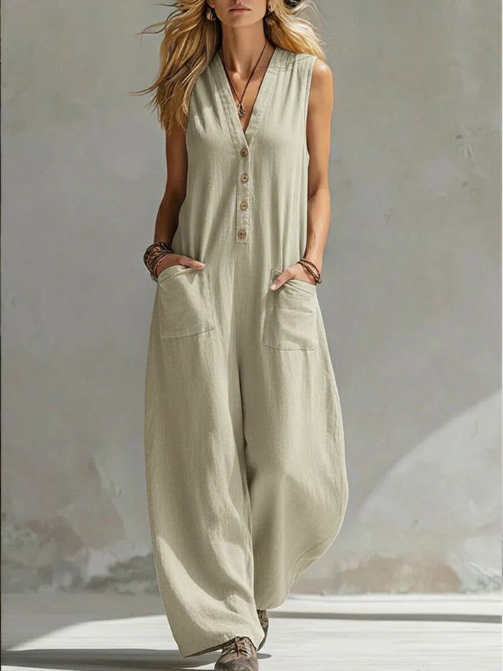 Damen Ärmelloser V-Ausschnitt Jumpsuit – Weites Bein Mit Taschen