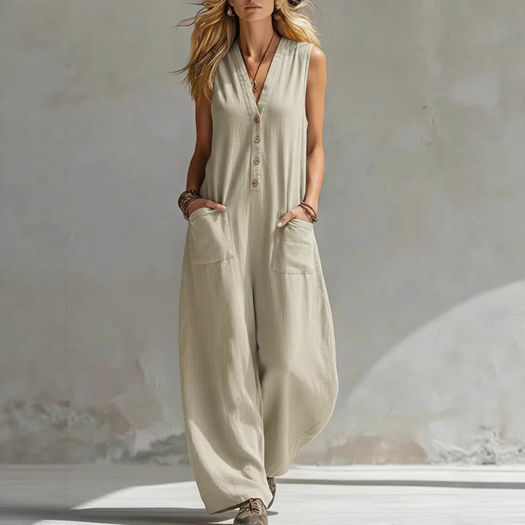 Damen Ärmelloser V-Ausschnitt Jumpsuit – Weites Bein Mit Taschen