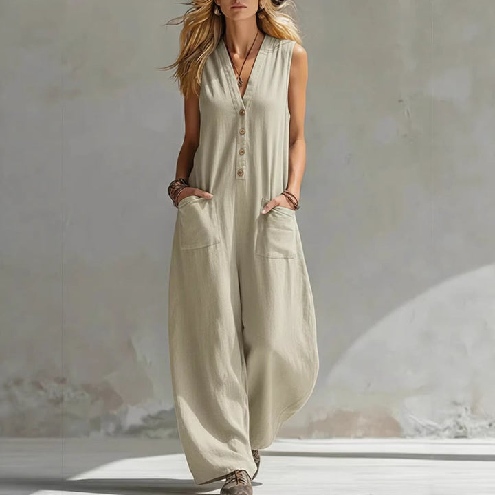 Damen Ärmelloser V-Ausschnitt Jumpsuit – Weites Bein Mit Taschen