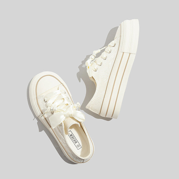 Damen Beige Plattform Sneaker Mit Eleganter Satinschnürung
