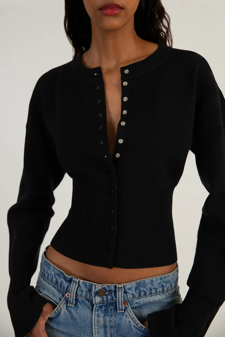 Gerippter, kurzer Damen-Cardigan mit Knöpfen – Figurbetontes Langarm-Strickoberteil