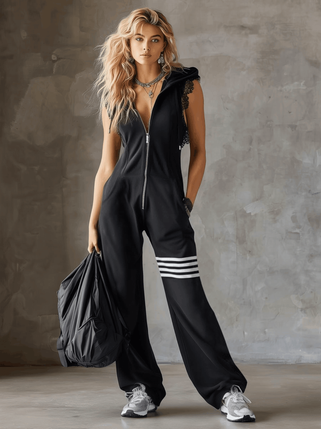 Damen Ärmelloser Langer Jumpsuit - Hoodie Gestreiftes Casual Outfit