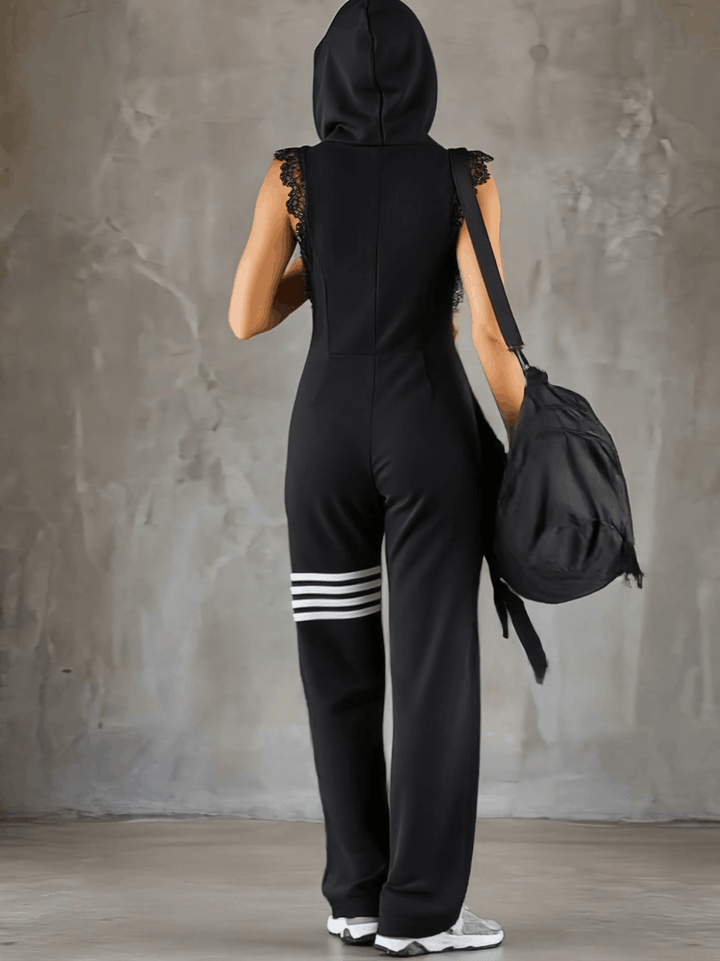 Damen Ärmelloser Langer Jumpsuit - Hoodie Gestreiftes Casual Outfit