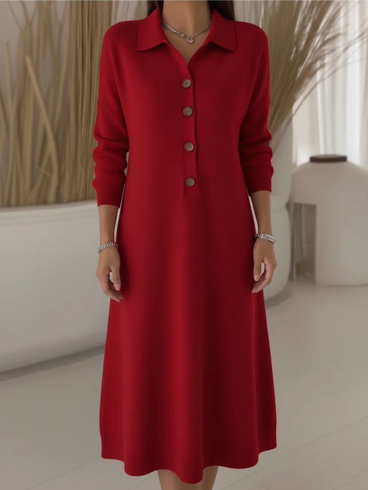 Langes rotes Damenkleid mit Knopfleiste – Maxikleid mit Kragen und langen Ärmeln