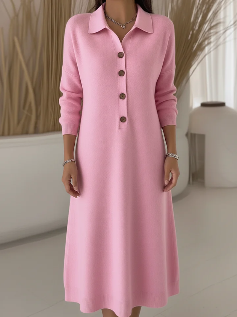 Langes rotes Damenkleid mit Knopfleiste – Maxikleid mit Kragen und langen Ärmeln