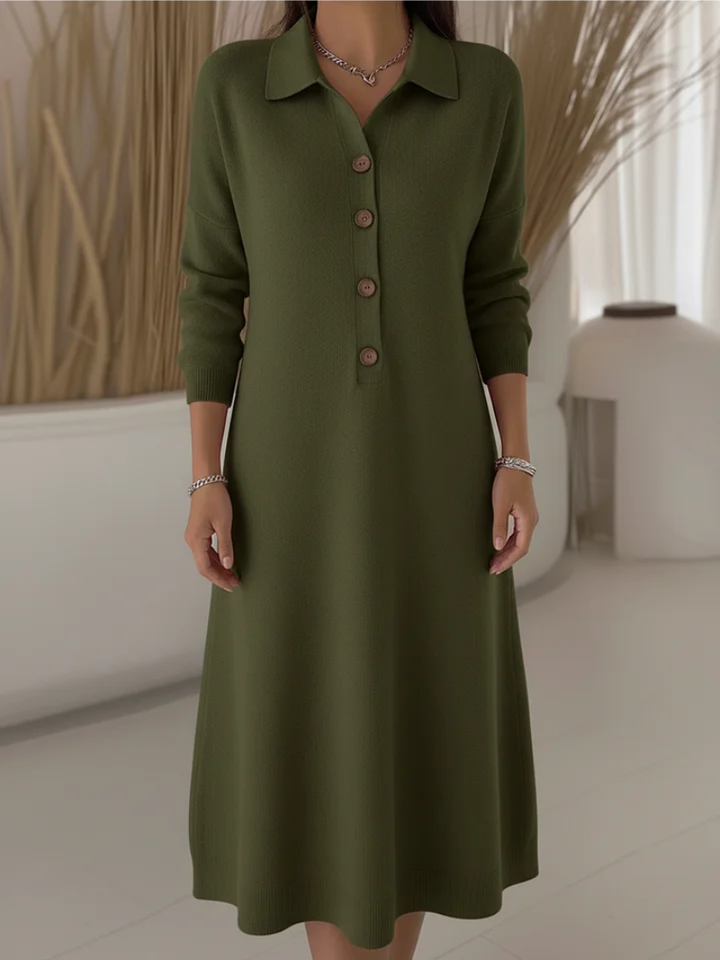 Langes rotes Damenkleid mit Knopfleiste – Maxikleid mit Kragen und langen Ärmeln