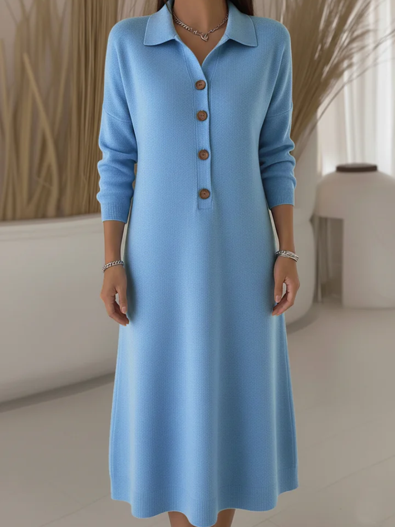 Langes rotes Damenkleid mit Knopfleiste – Maxikleid mit Kragen und langen Ärmeln