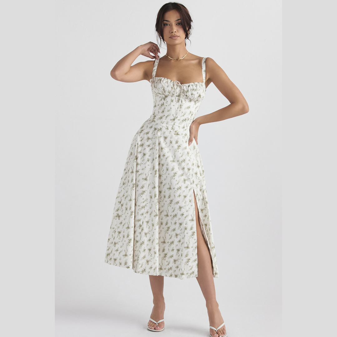 Elegantes, ärmelloses Damen-Partykleid mit Blumenmuster, Schlitz und herzförmigem Ausschnitt