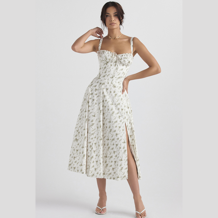 Elegantes, ärmelloses Damen-Partykleid mit Blumenmuster, Schlitz und herzförmigem Ausschnitt