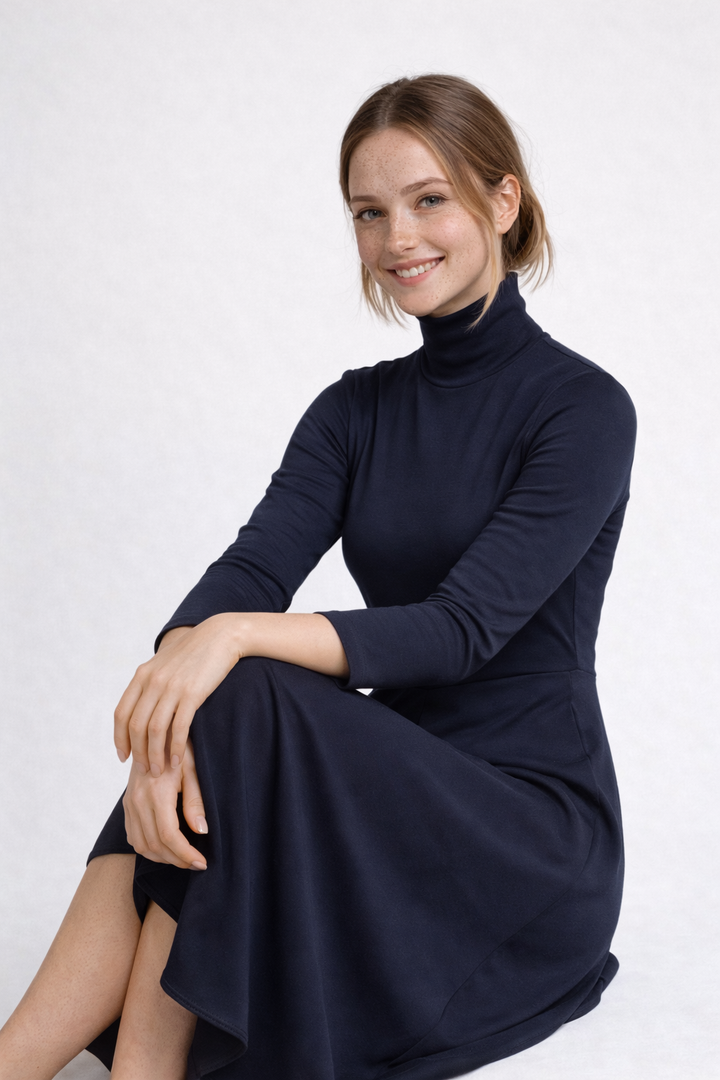 Elegantes dunkelblaues Strickkleid mit Rollkragen
