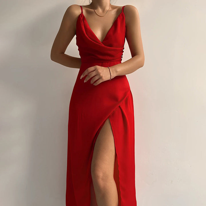 Ärmelloses Maxikleid für Damen mit tiefem V-Ausschnitt und vorderem Schlitz – Elegantes Abendkleid